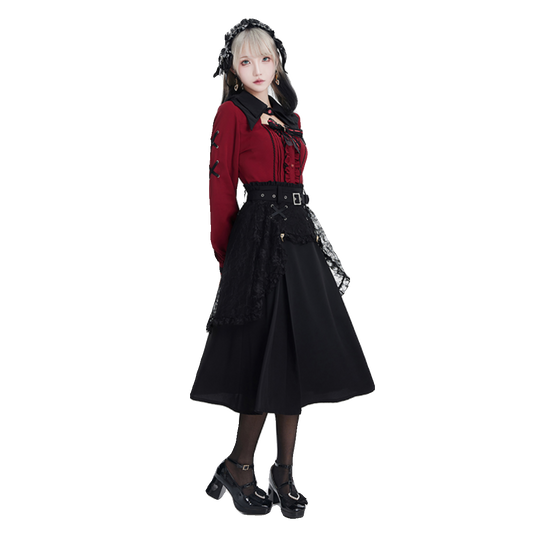 Jirai Kei Black Skirt Double Layer Long A-line Skirt 31468:366440