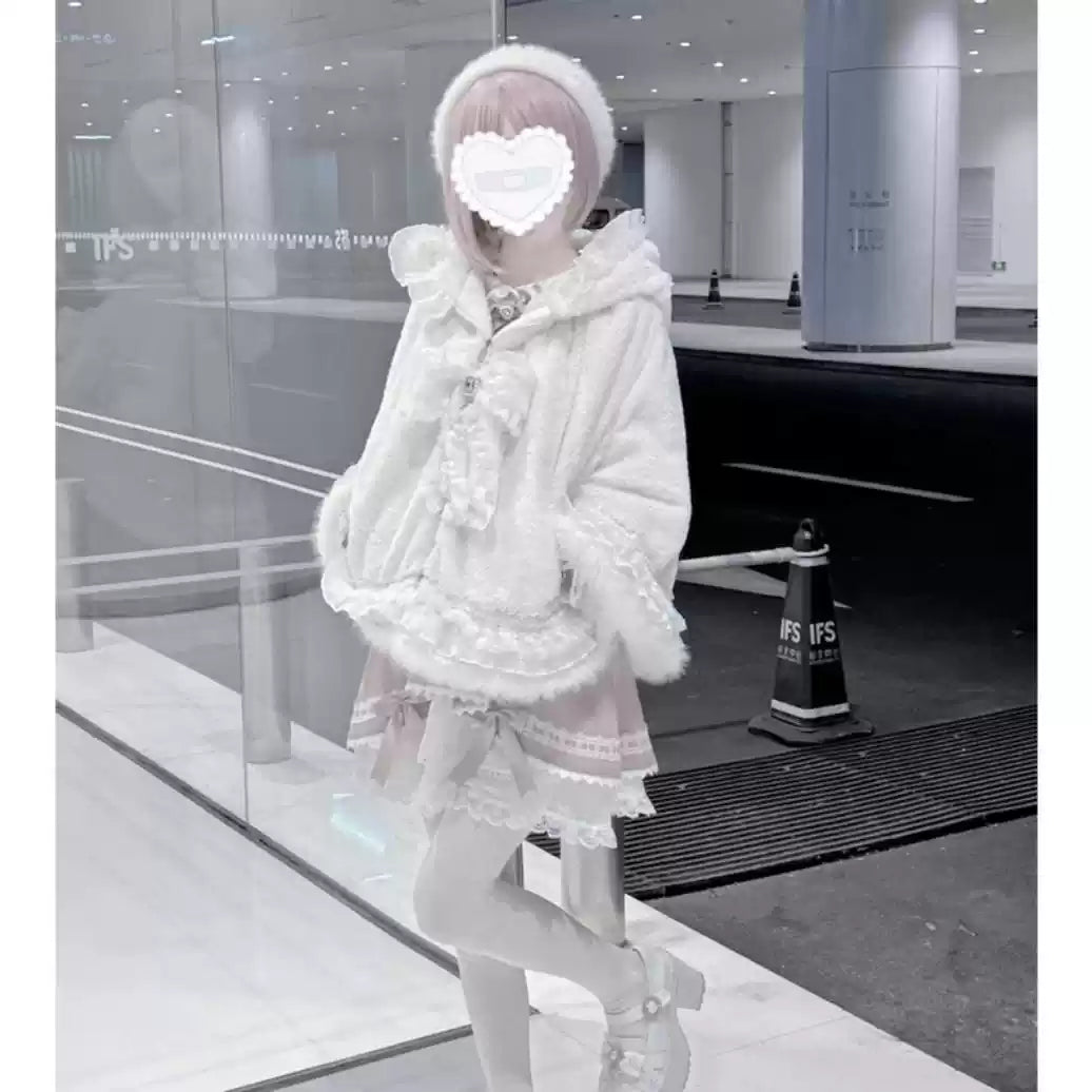 Jirai Kei Winter Coat Fleece Hoodie Cape Coat With Cat Ears