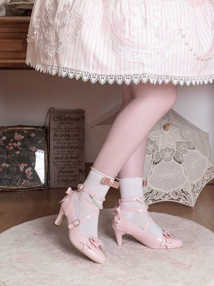 Classic Lolita Pointed Toe High Heels, Pearl-Like & Rhinestone 45841:864863