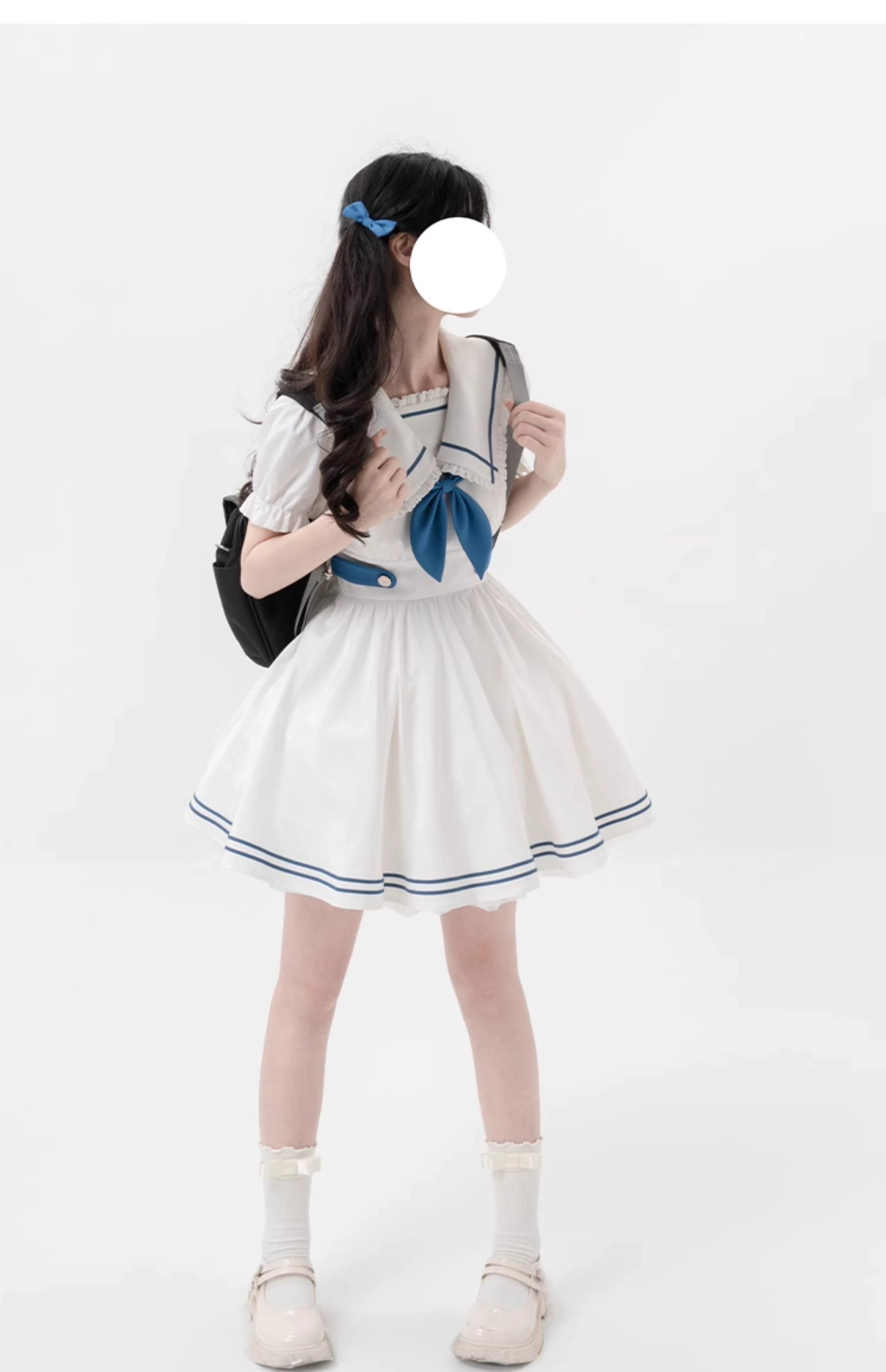 Preppy Dress Sailor Collar Dress White Short Sleeve Dress 36416:574340