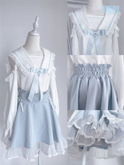 Jirai Kei Skirt Sweet Pink Blue Skirt With Flounce Hem 35800:504090