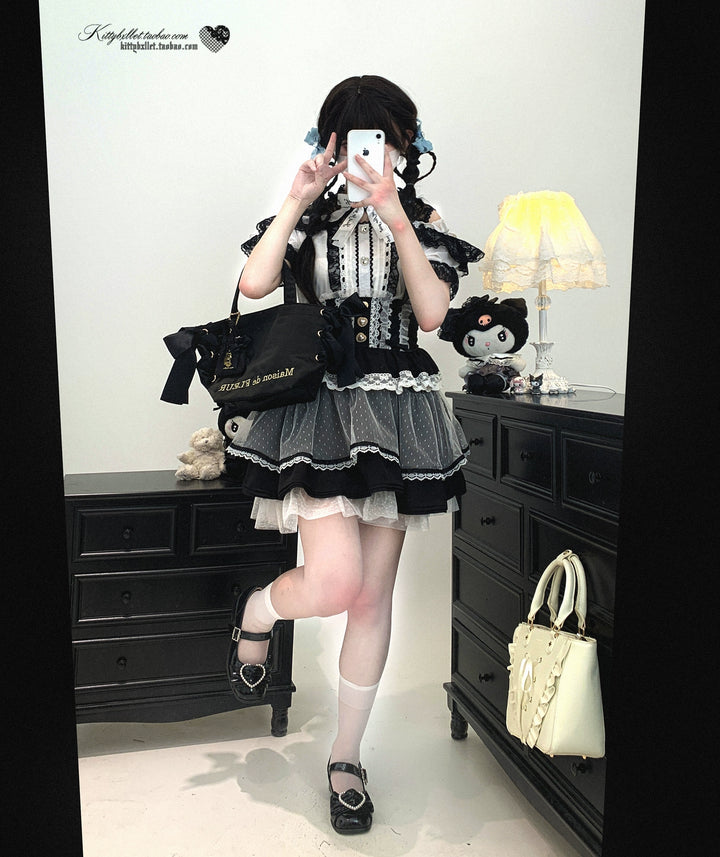 Lace Open Shoulder Jirai Kei Blouse, Heart Rhinestone 43692:783149