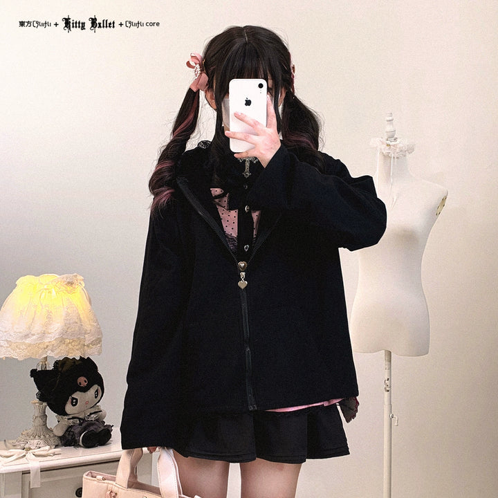 Kawaii Zipper Closure Jacket, Lace Bunny Ear 44002:792524