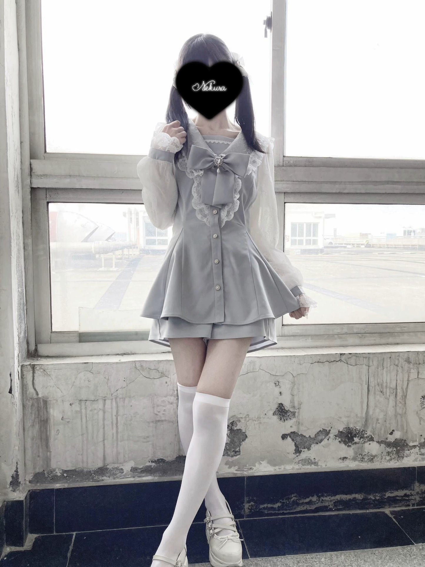 Jirai Kei Set Up Lace Sailor Collar Dress Gray Blue Dress 37638:566950