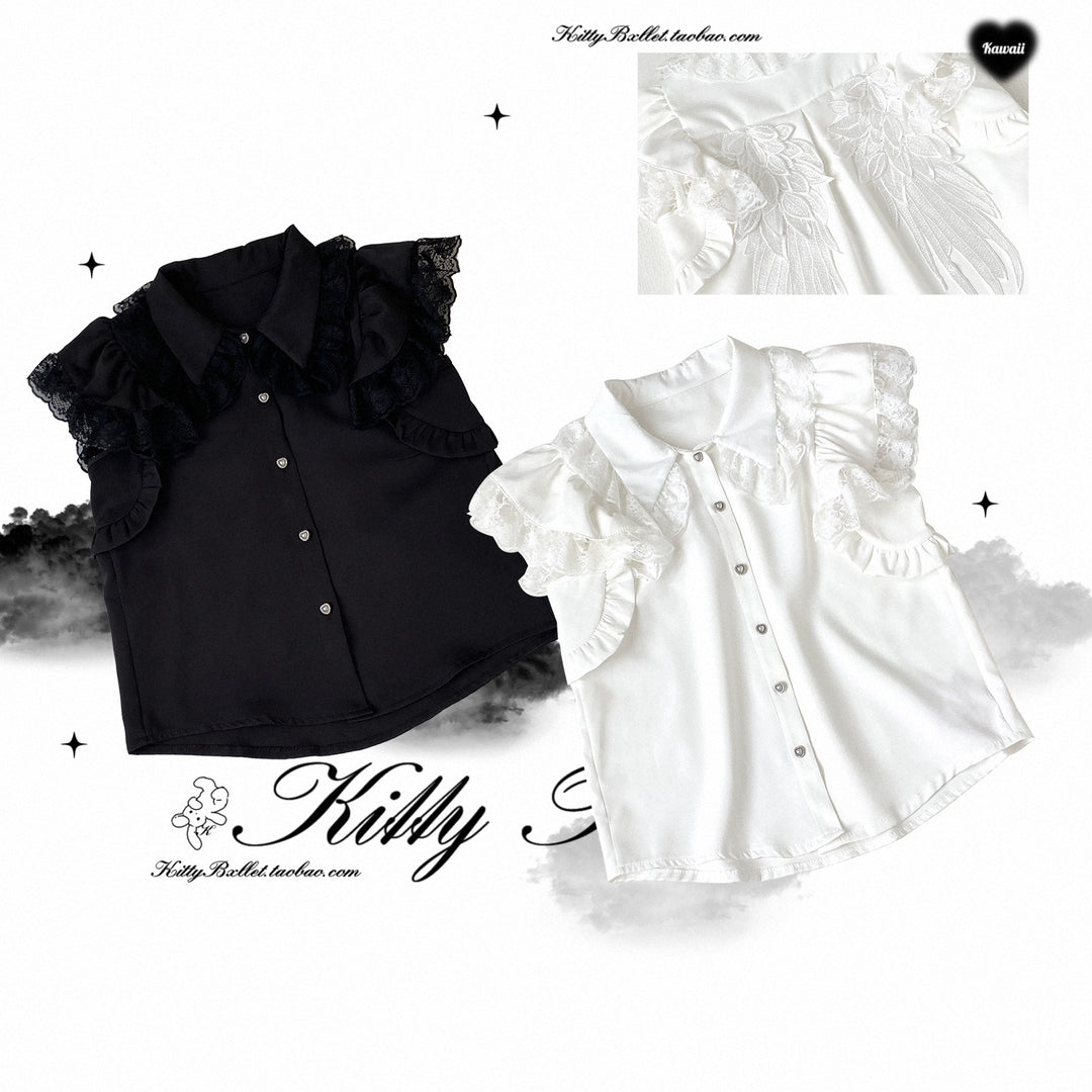 Jirai Kei Shirt Lace Collar Flying Sleeve Blouse 40014:650228