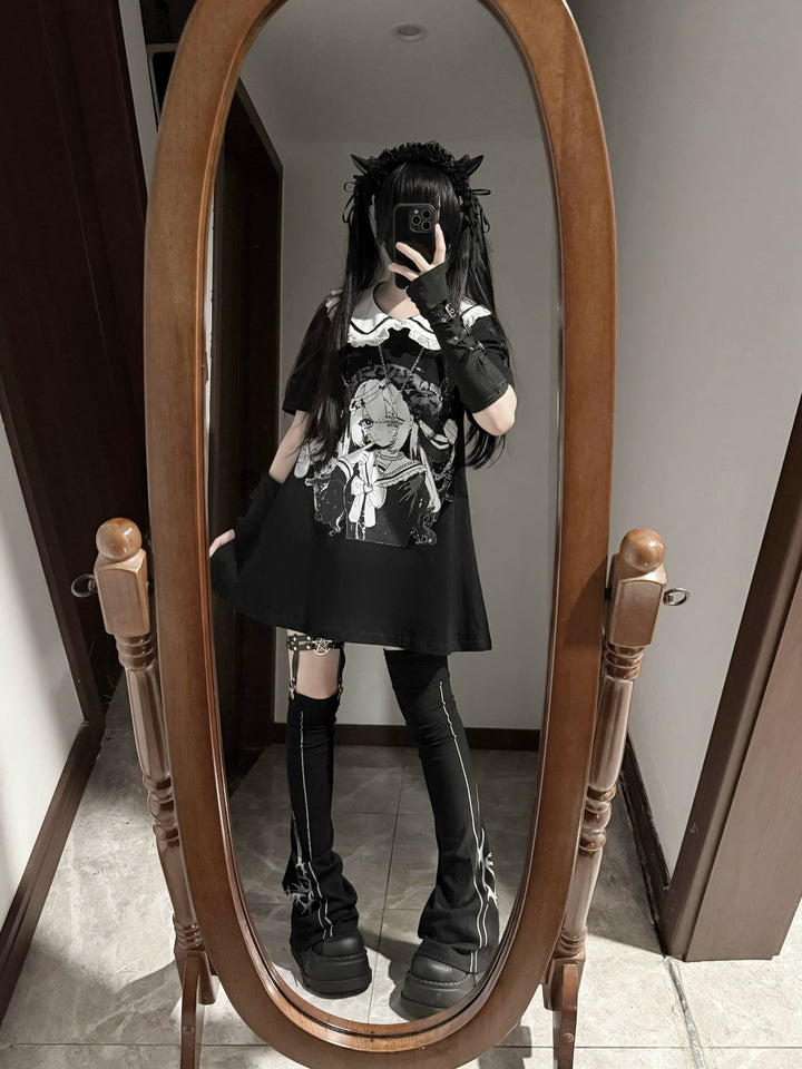 Cotton Subcul Jirai Kei T-Shirt, Dark Cute Girl Print 43568:779991