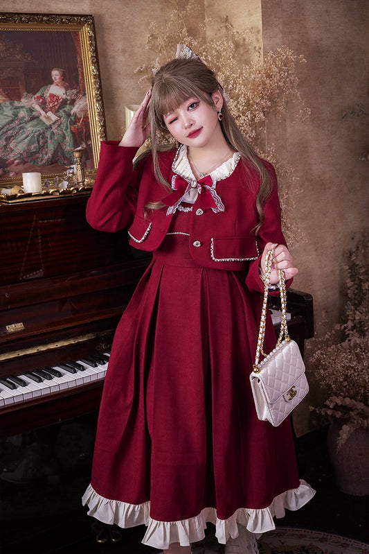 Plus Size French Retro Red Hepburn Fit Dress Set (2XL 3XL 4XL XL) 22686:337106