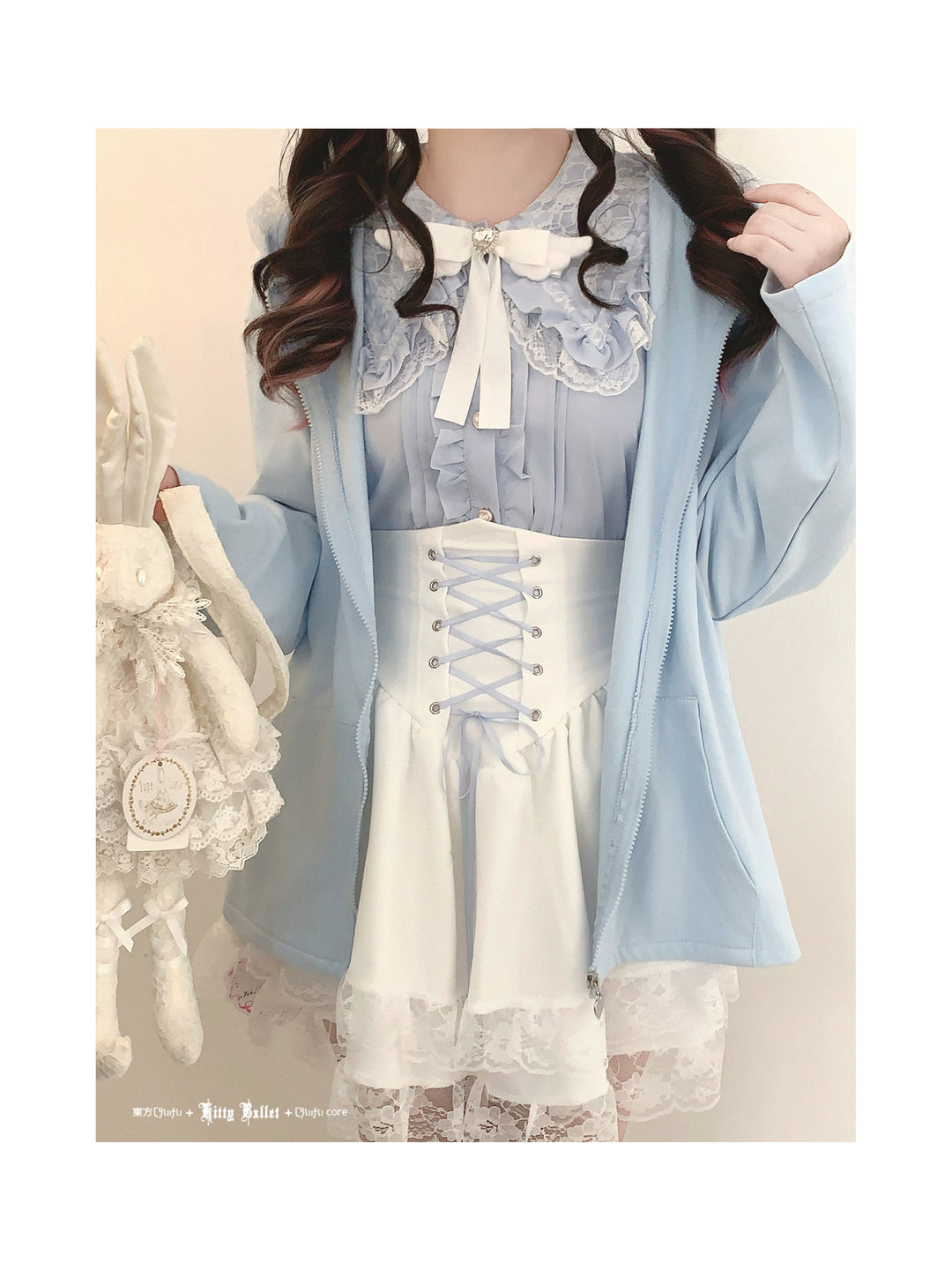 Kawaii Zipper Closure Jacket, Lace Bunny Ear 44002:792503