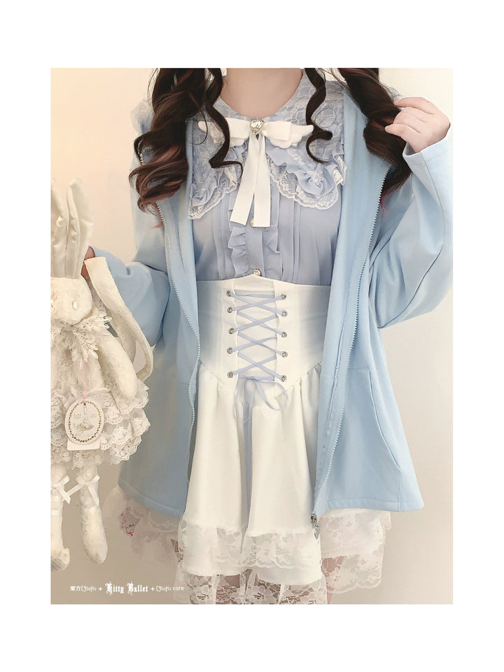 Kawaii Zipper Closure Jacket, Lace Bunny Ear 44002:792503