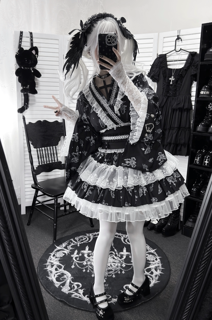 Gothic Blouse and Skirt Yukata Set, Wing Print 45129:835601