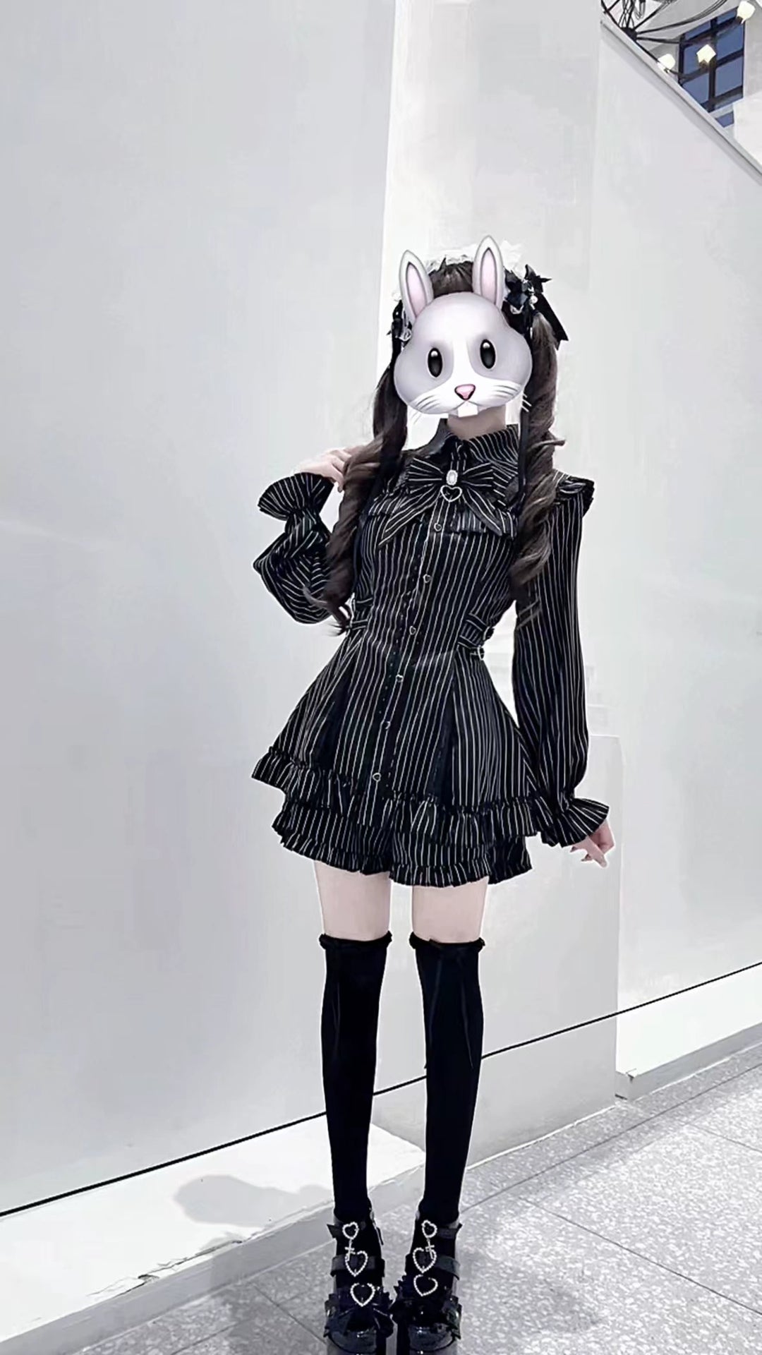 Striped Jirai Kei Dress Set, Elastic-Waisted Shorts 44295:805550