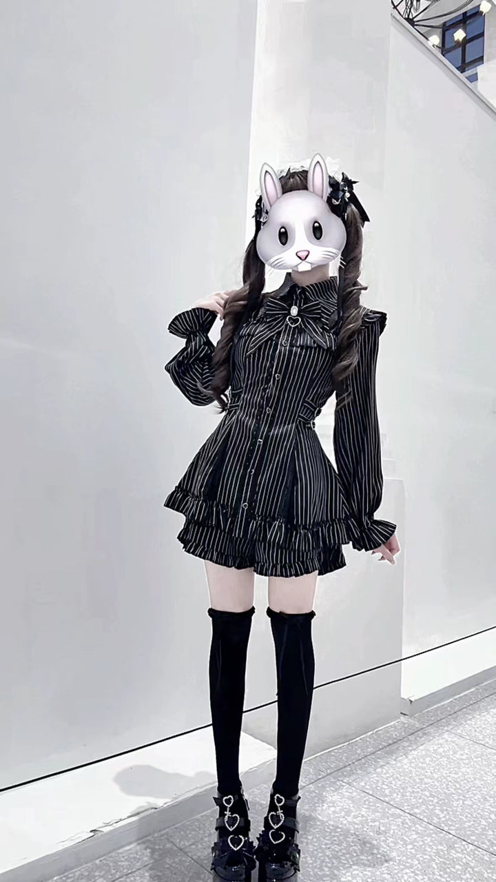 Striped Jirai Kei Dress Set, Elastic-Waisted Shorts 44295:805550