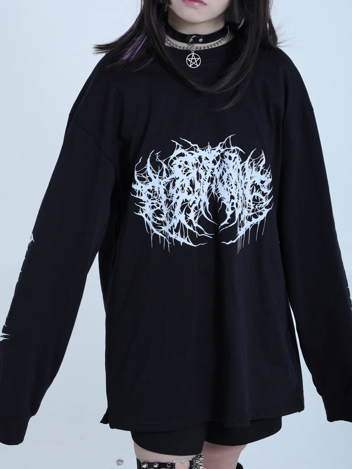 Gothic Jirai Kei Black Sweatshirt with Long Sleeves and Drop Shoulder 42328:736460