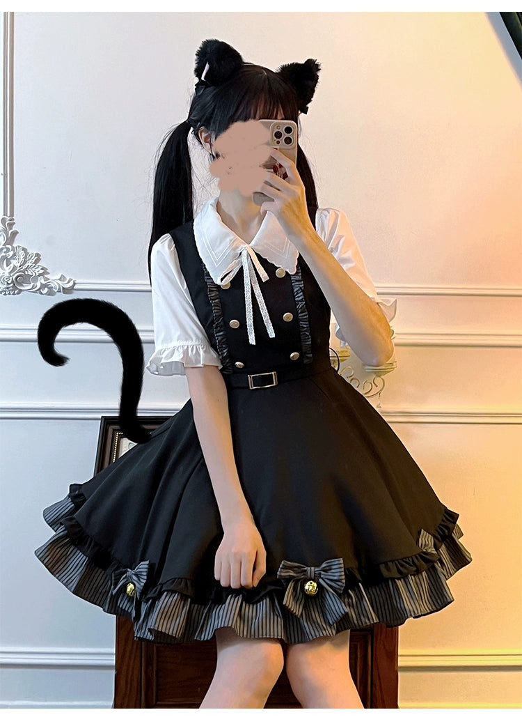 Preppy Outfit Set White Blouse Suspender Skirt Set 40072:671690