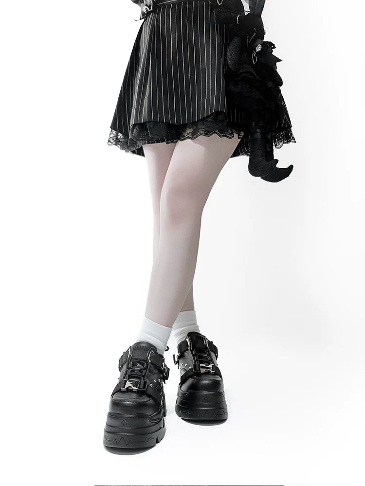 White/Black Punk High Platform Shoes, Metal Buckles 44400:807751