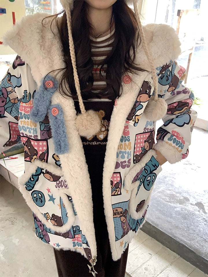 Kawaii Winter Coat Thickened Print Reversible Hooded Coat 39796:640866