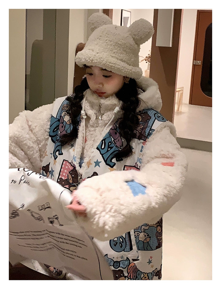 Kawaii Winter Coat Thickened Print Reversible Hooded Coat 39796:640872