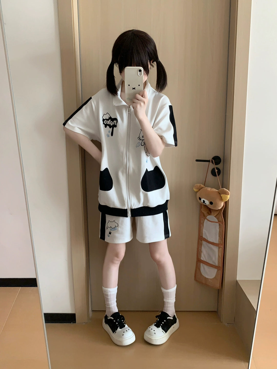 Cat Printed Kawaii Outfit, Zip Up Sweatshirt + Pocketed Shorts 43561:779963
