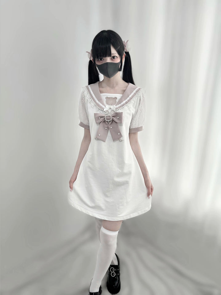 Jirai Kei Dress Sailor Collar Pearl Lace Dress 37656:606536