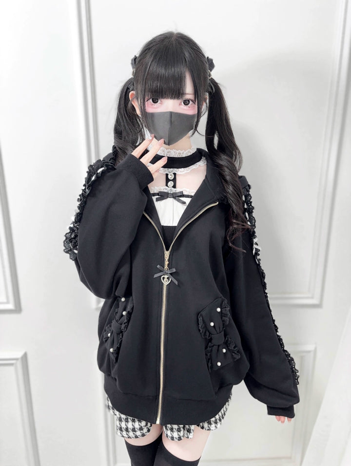 Jirai Kei Zip-Up Hoodie, Ruffle Lace and Bows 44176:800901
