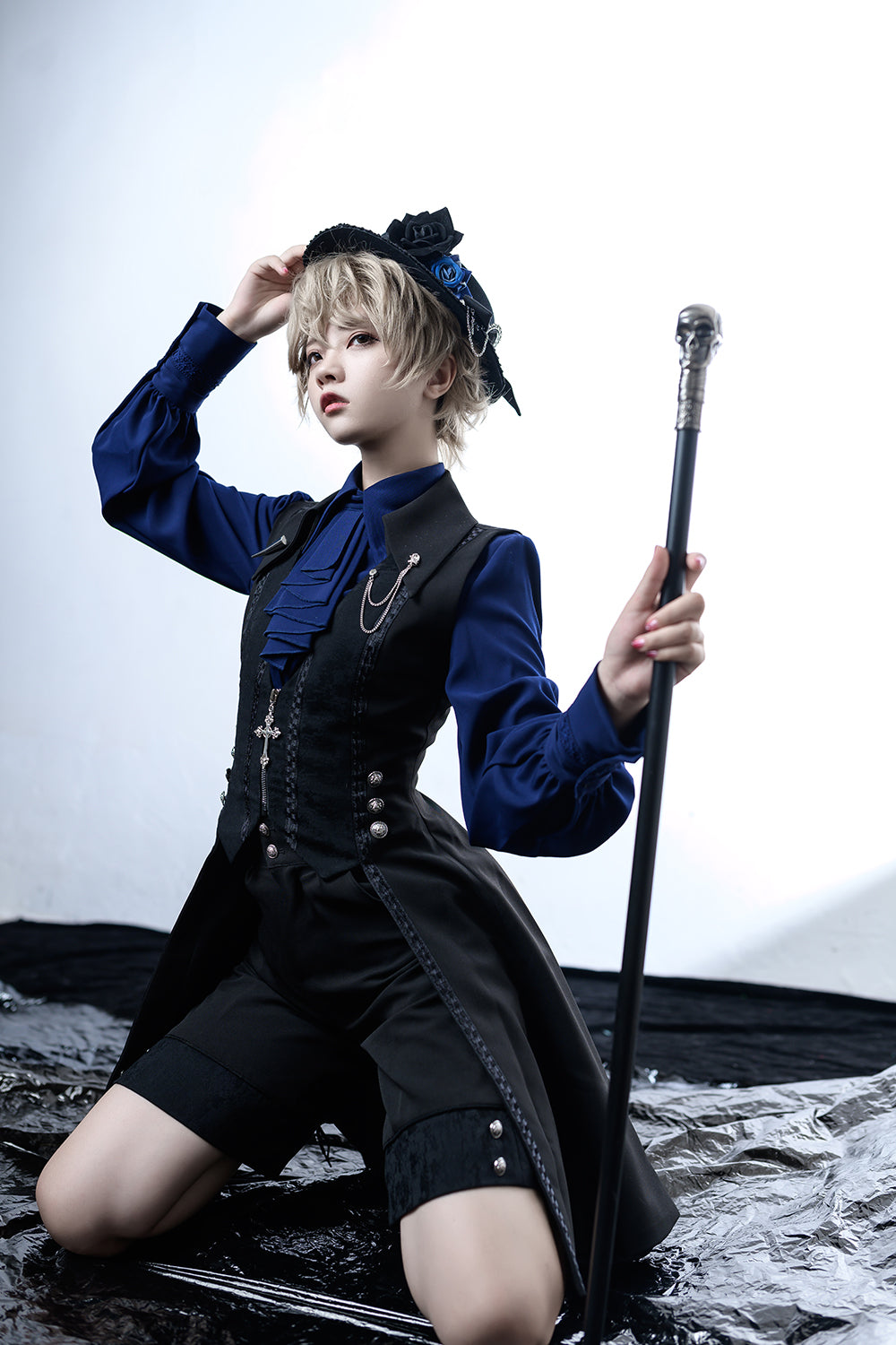 Ouji Lolita Shirt Black Blue Gray Blouse 35202:484661 35202:484661