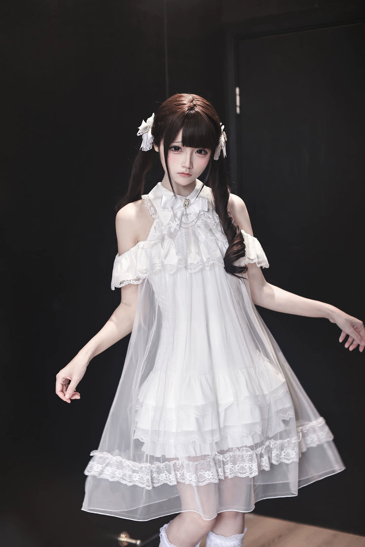 White Lace Open Shoulder Dress, Voile Outer Layered 45423:850574