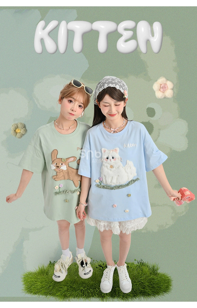 Kawaii T-shirt Short Sleeves Cotton Top Patch Embroidery 35896:559602