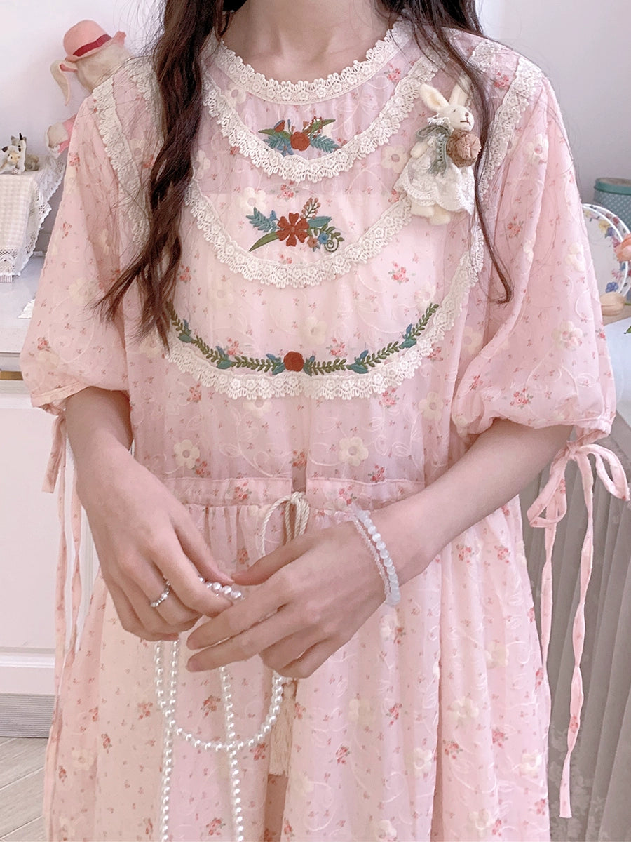Mori Kei Dress Pink Floral Dress Short Sleeve Dress 36208:523634
