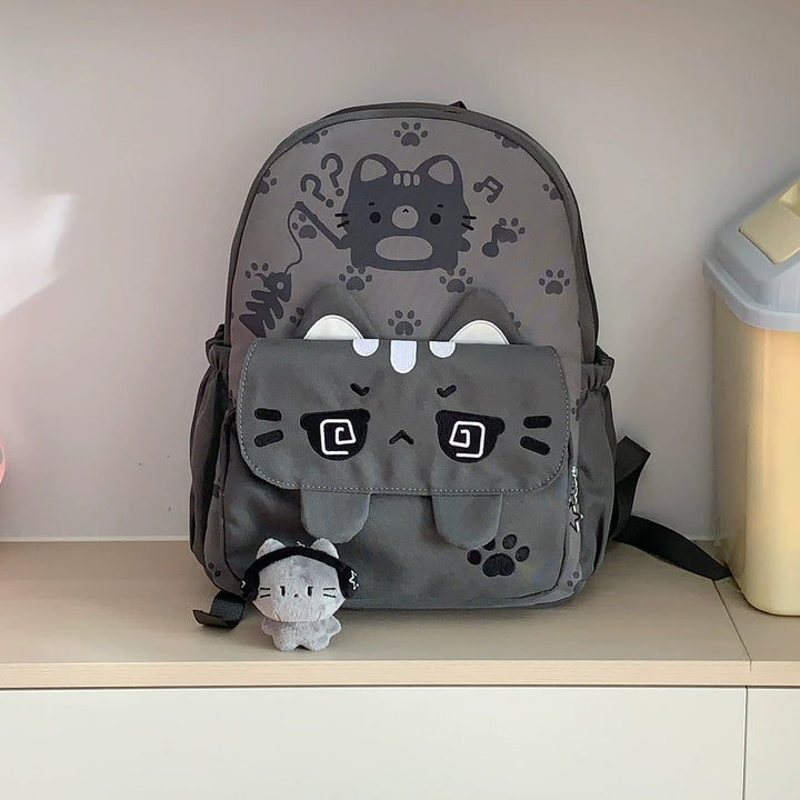 Kawaii Gray Canvas Backpack, Cat Print & Embroidery 45723:862437