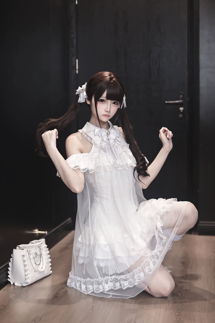 White Lace Open Shoulder Dress, Voile Outer Layered 45423:850571