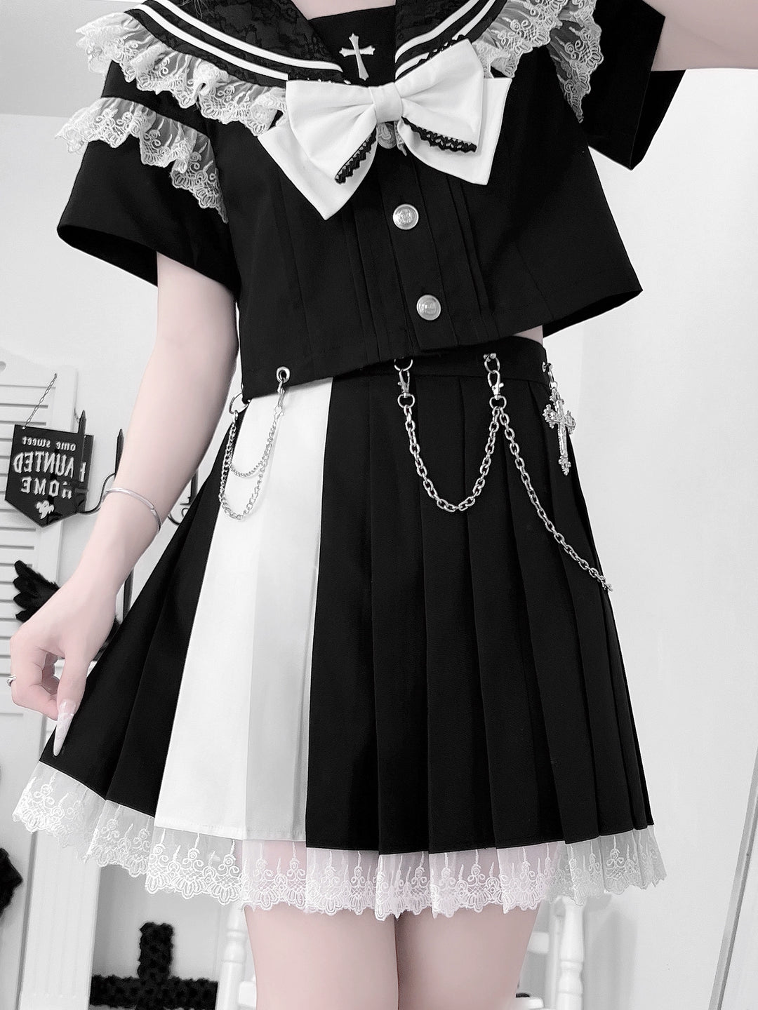 Lace Sailor Collar Gothic Skirt Suit, Detachable Waist Chain 43626:781377