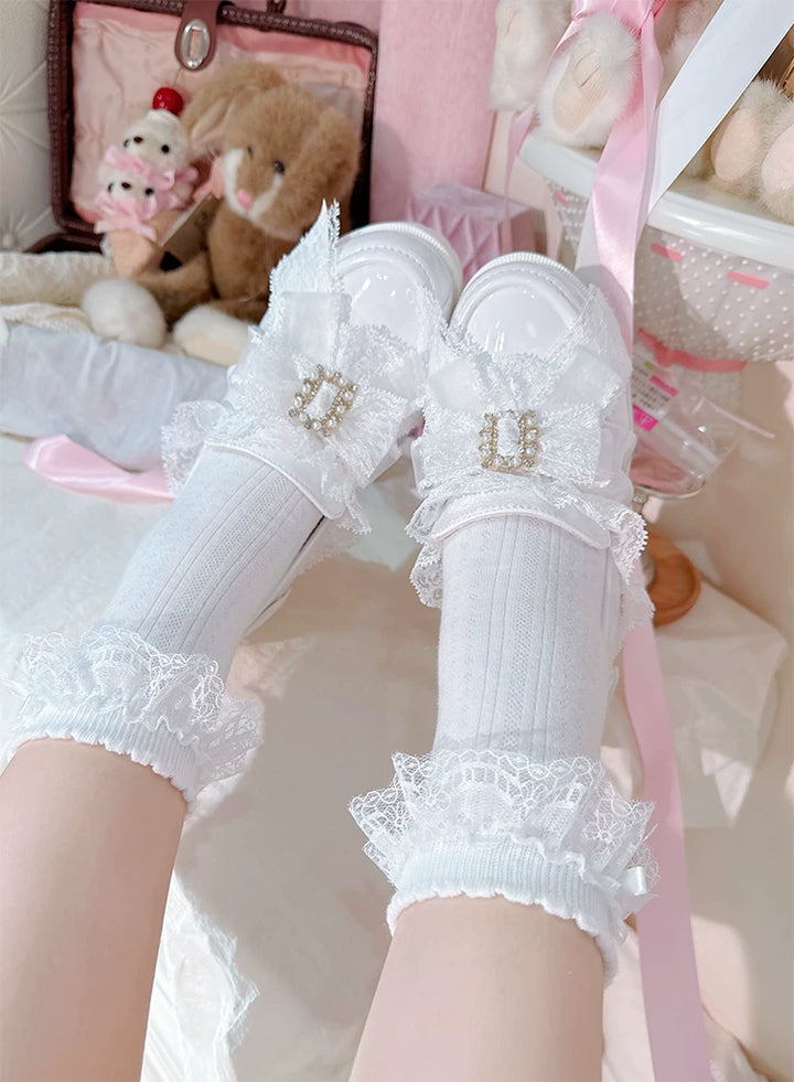 Jirai Kei Slip-On Chunky Heeled Shoes, Pearl Decorated Bow 45867:867784