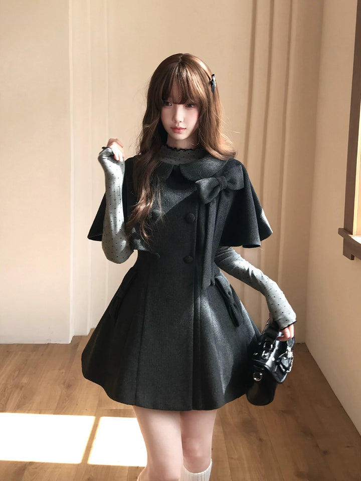 Autumn Cape Style Waist-Cinched Coat, Polka Dot Blouse 46011:872020