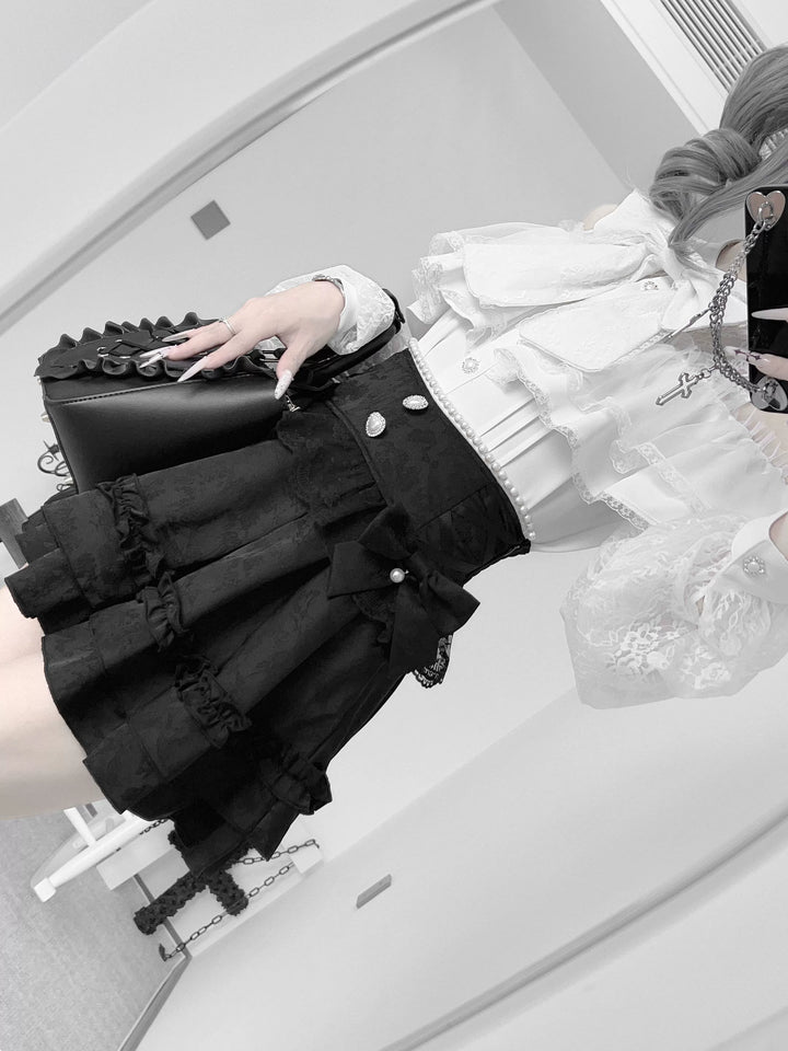 Jirai Kei Lace Skirt, Black Jacquard And Houndstooth Style 44163:801147