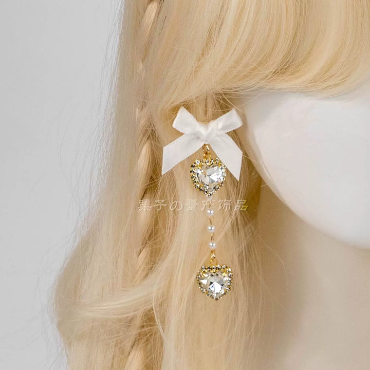 Jirai Kei Earrings Rhinestone Bow Pearl Chain Ear Clip 39658:647740