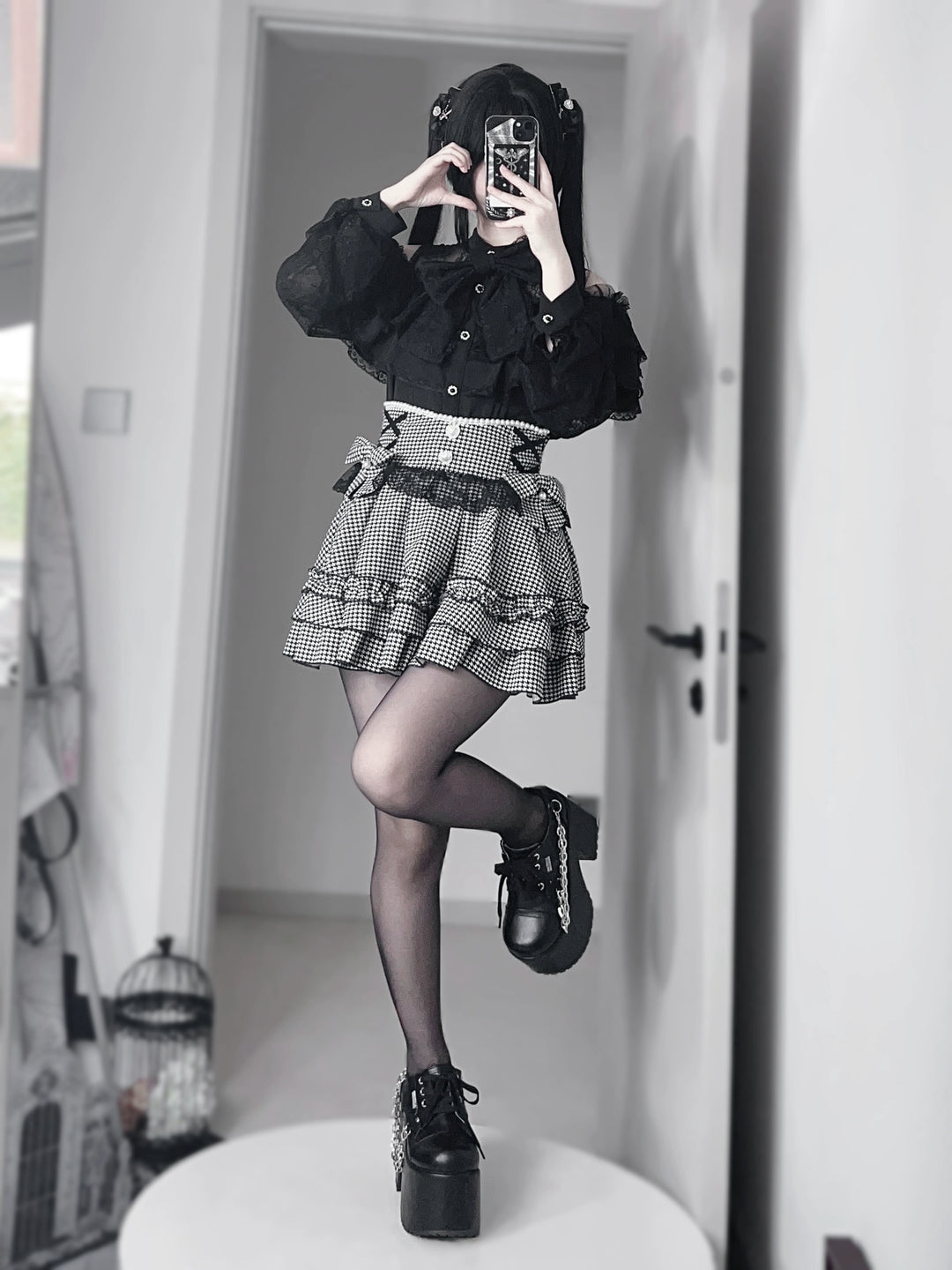 Jirai Kei Lace Skirt, Black Jacquard And Houndstooth Style 44163:801137