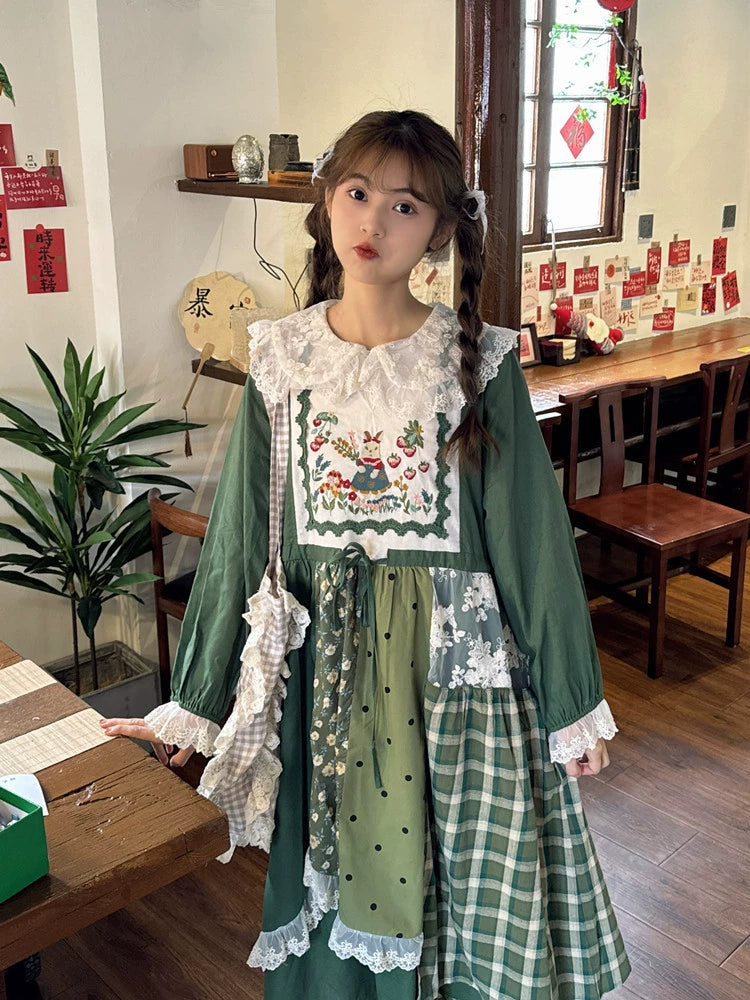 Cottagecore Dress Mori Kei Dress Green Floral Patchwork Dress (Green / F) 36226:525040