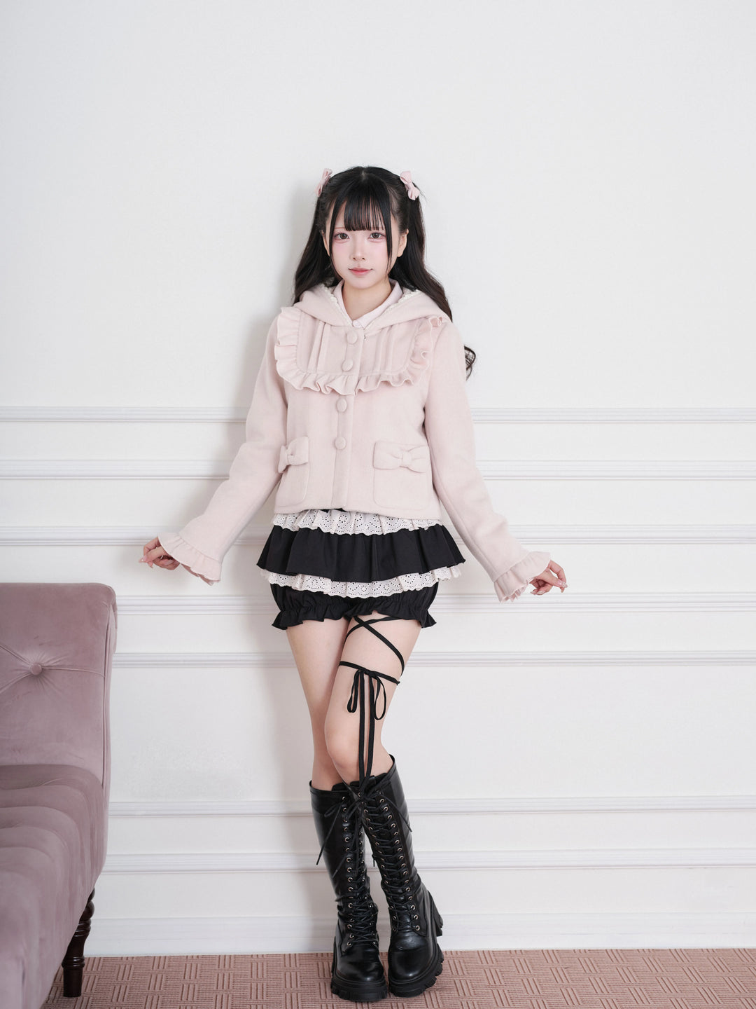 Ryousangata Hooded Solid Coat, Ruffled Neckline 45955:870317
