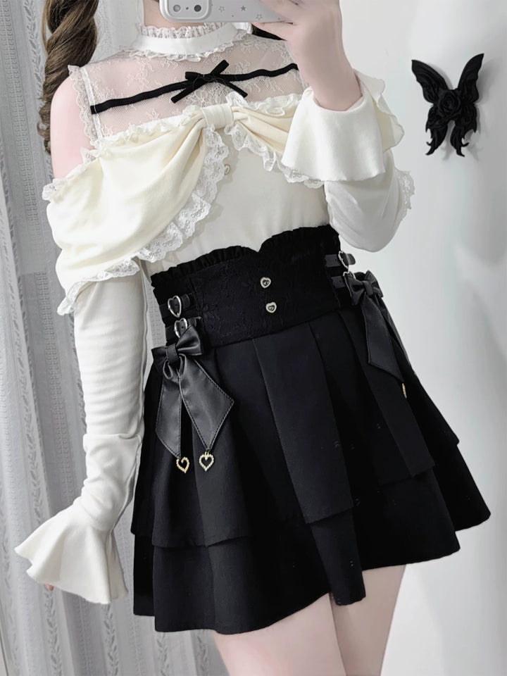 Seiso Kei Sweater and High Waist Skirt Set, Open-Shoulder 45989:871655