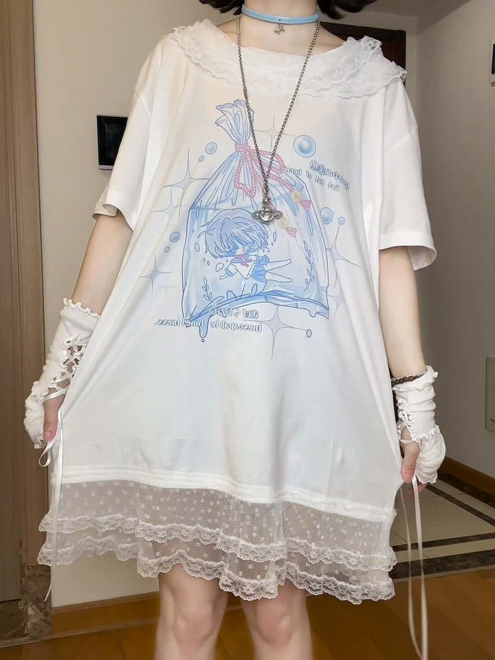 Tenshi Kaiwai Cotton Long T-Shirt, Lace Hem 43687:782919