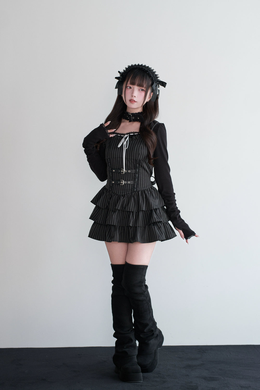 Jirai Kei Strappy Mini Dress, Tiered Ruffles (L M) 44328:805464