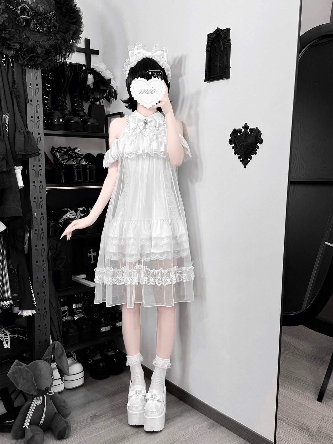 White Lace Open Shoulder Dress, Voile Outer Layered 45423:850580