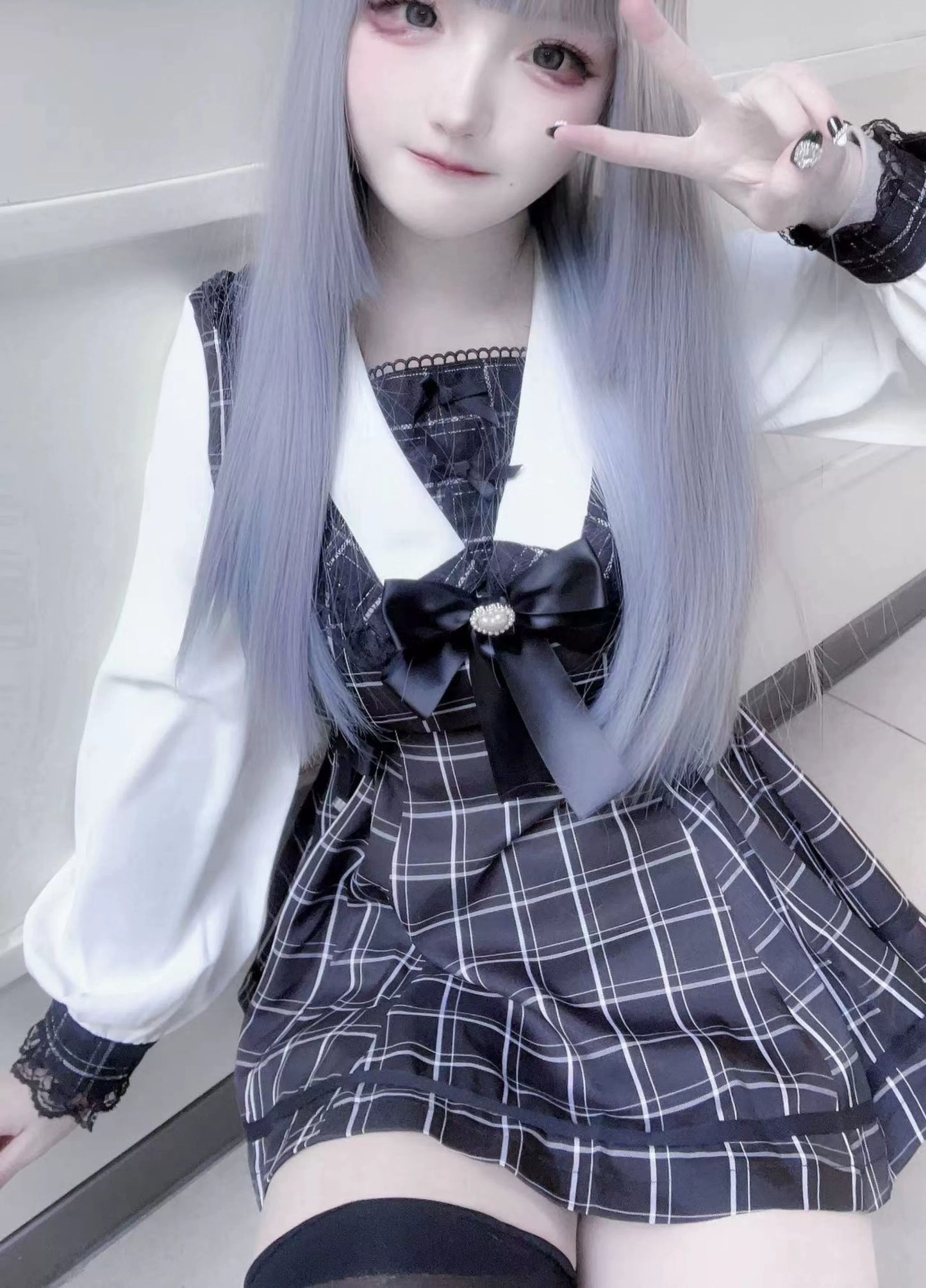 Jirai Kei Dress Set Shirt Collar Lace Dress And Shorts 34378:464186