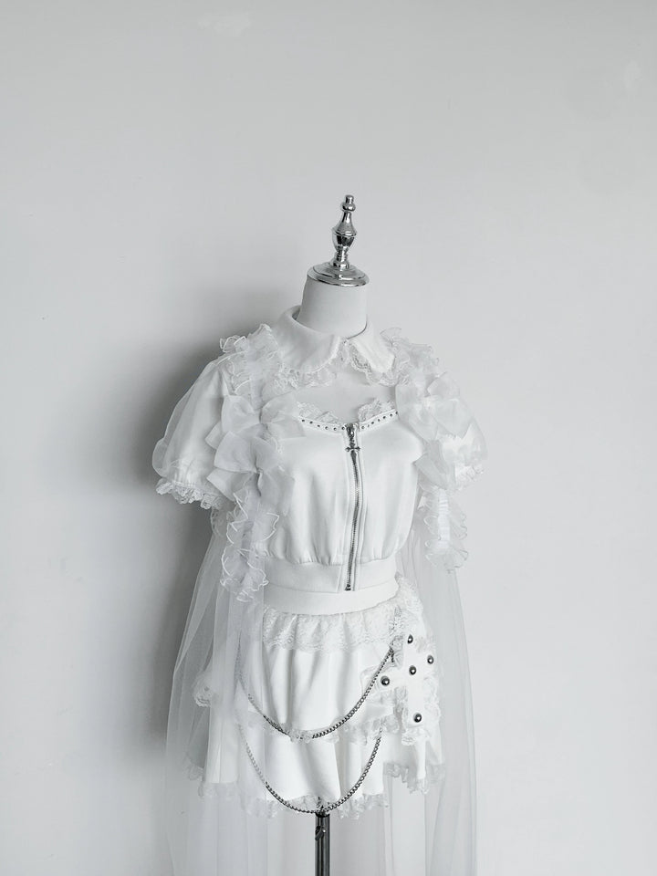 Jirai Kei Skirt & Zip-up Top, Tulle Vest 45009:838776