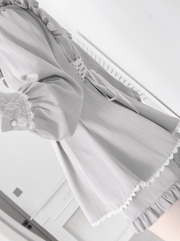 Jirai Kei Striped Dress, Lace Trim and Ruffles 45369:848086