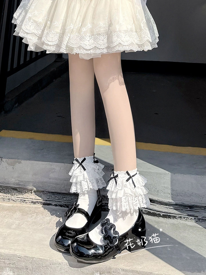 White Lolita Socks Bow And Lace Mid-Calf Cotton Socks 35630:500866 35630:500866