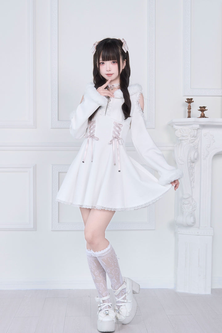 Open-Shoulder Jirai Kei Dress, Oversized Hood 43940:789805