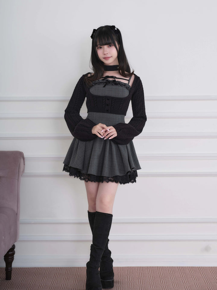 Ryousangata Plaid Dress & Knit Sweater Set, Choker-Neck 46032:873328