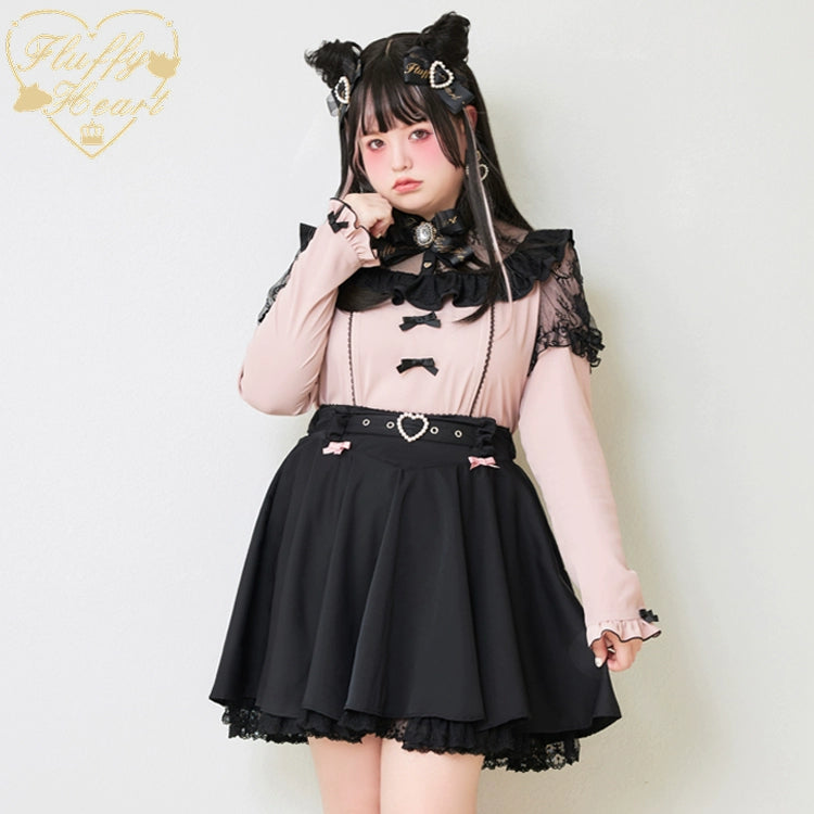 Jirai Kei Black Pink Skirt Heart Buckle High-Waisted Skirt (Large Small / Black) 21934:366418