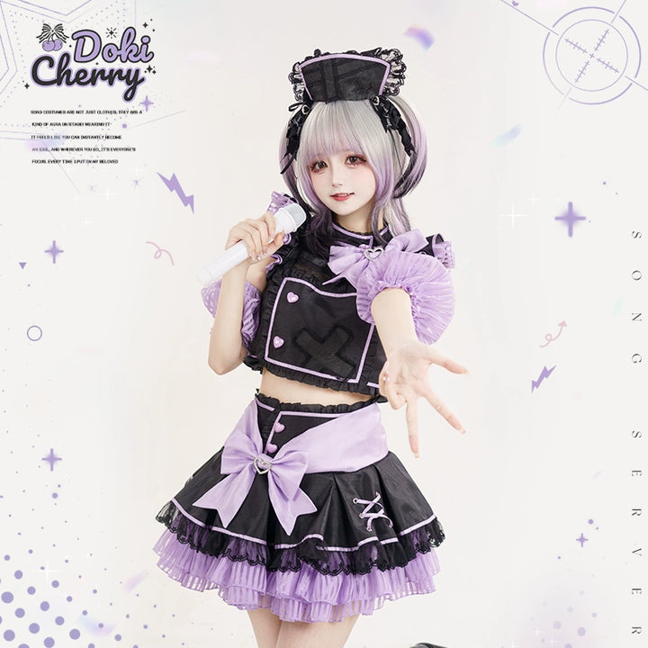 Jirai Kei Skirt Two-Piece Idol Stage Outfit Short-Sleeve Top and Skirt Set 41562:704878